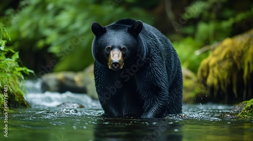 Majestic Black Bear Roaming in the Great Bear Rainforest. Wildlife in its natural habitat concept photo