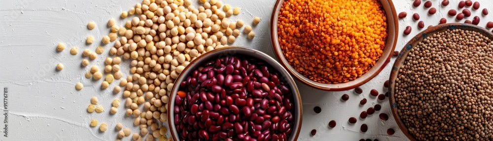 A Colorful Pantry Staple: Dried beans and lentils, a variety of colors and textures, fill bowls for a healthy eating flat lay. A Colorful Pantry Staple: Dried beans and lentils, a variety of colors and textures, fill bowls for a healthy eating flat lay.