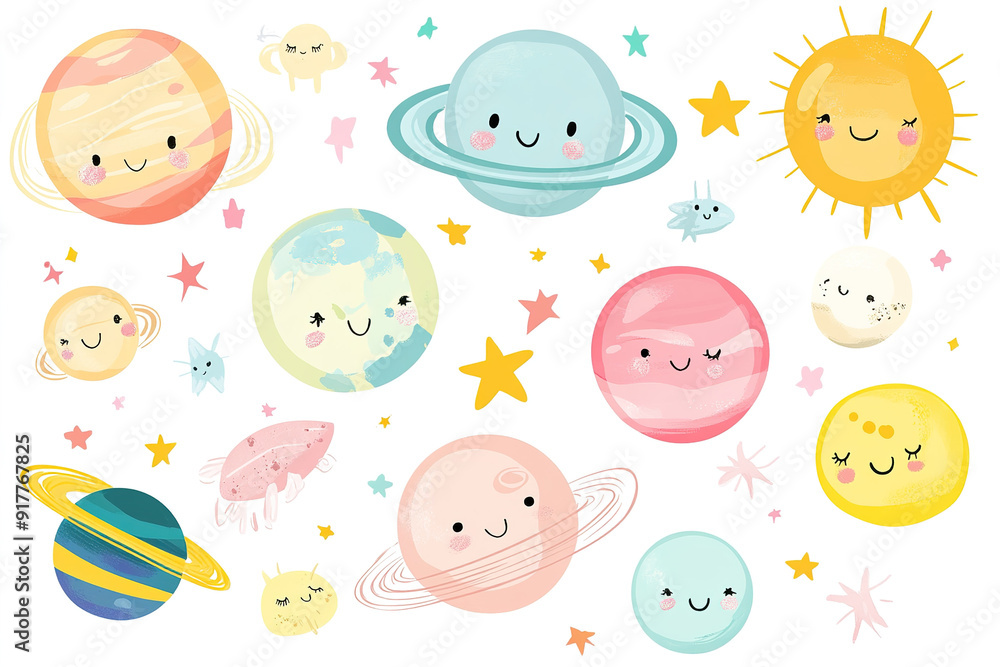 Fototapeta premium Pastel-Colored Vector Set of Adorable Planets, Sun, and Stars in Kawaii Style, Ideal for Baby Room Wallpaper or Sticker Print, Isolated on White Background