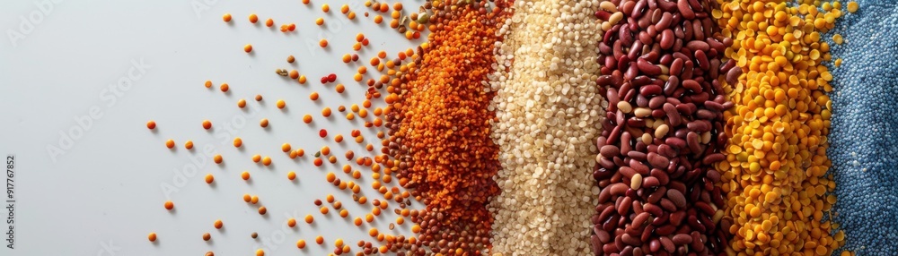 A vibrant array of colorful grains cascade down a white background, creating a captivating pattern of textures and hues. This image evokes a sense of abundance, nourishment A vibrant array of colorful grains cascade down a white background, creating a captivating pattern of textures and hues. This image evokes a sense of abundance, nourishment