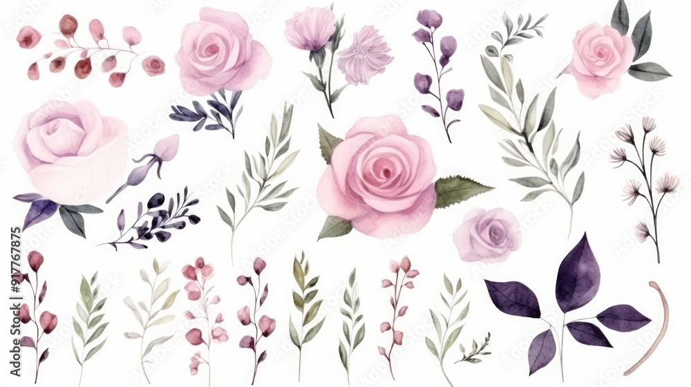 set of different fresh flowers in lilac colors on a white background. Neural network ai generated art set of different fresh flowers in lilac colors on a white background. Neural network ai generated art