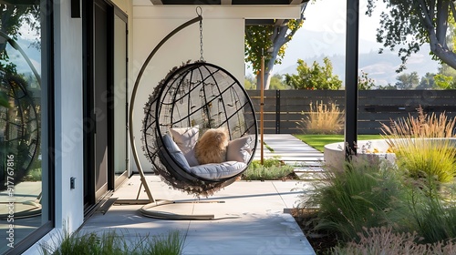 Obraz na płótnie A modern swing chair decorates a little patio nook w salonie