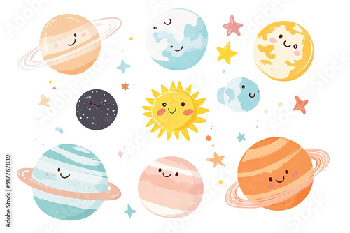 Pastel-Colored Vector Set of Adorable Planets, Sun, and Stars in Kawaii Style, Ideal for Baby Room Wallpaper or Sticker Print, Isolated on White Background