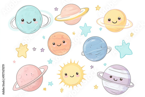 Pastel-Colored Vector Set of Adorable Planets, Sun, and Stars in Kawaii Style, Ideal for Baby Room Wallpaper or Sticker Print, Isolated on White Background

