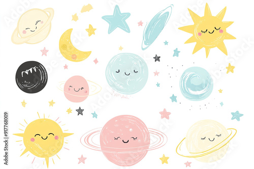 Kawaii Style Vector Illustration Featuring Cute Planets, Sun, and Stars in Pastel Colors on White Background, Perfect for Baby Room Decor and Stickers