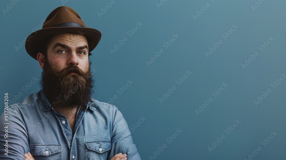 A striking gentleman with a beard dons a hat while standing confidently. A striking gentleman with a beard dons a hat while standing confidently.