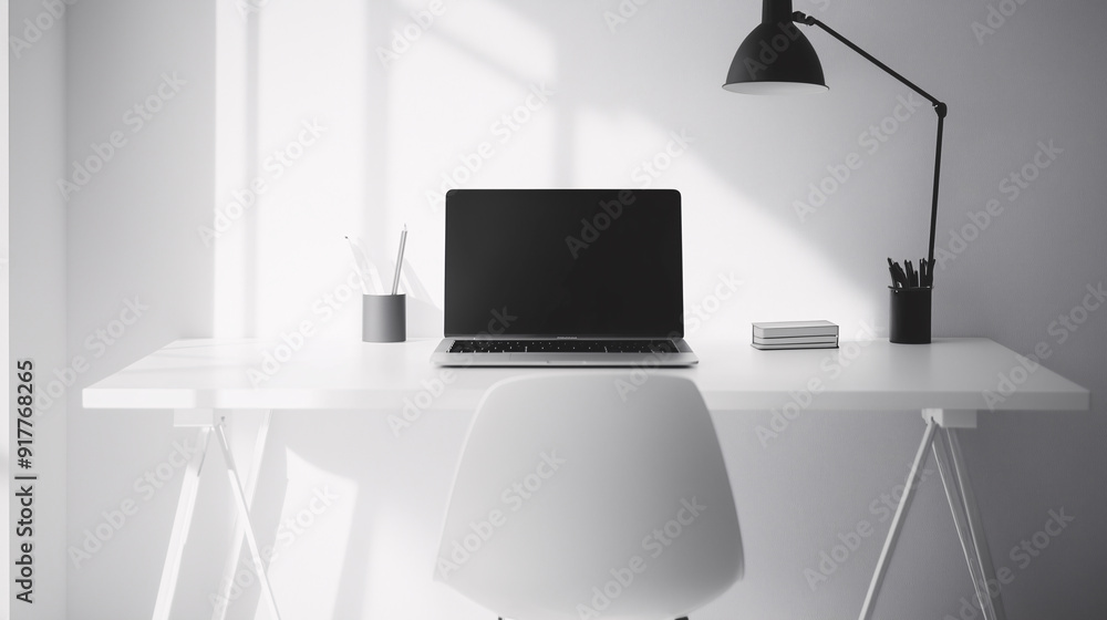 Minimalist Workspace with Laptop and Desk Lamp Minimalist Workspace with Laptop and Desk Lamp