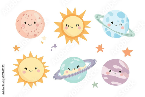 Vector Illustration of Adorable Planets, Sun, and Stars in Pastel Colors on a White Background, Featuring Kawaii Style. Ideal for Baby's Room Decor, Wallpaper Print, or Sticker Print, 