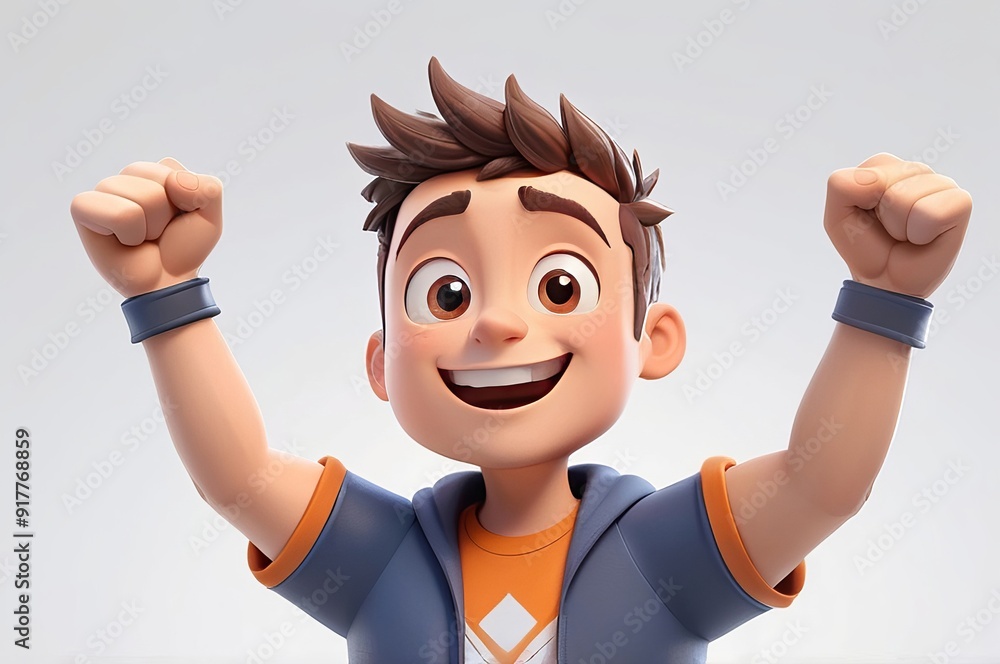 Cheerful 3D Cartoon Figure of a Small Man Celebrating with Fists Up Against a White Background. Made with Generative AI Technology Cheerful 3D Cartoon Figure of a Small Man Celebrating with Fists Up Against a White Background. Made with Generative AI Technology