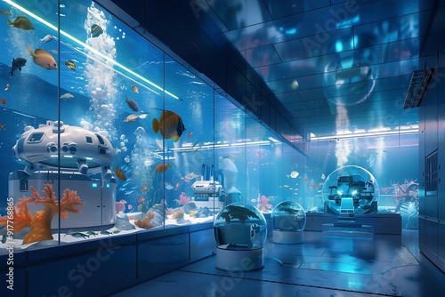 An underwater research facility with transparent walls showcasing marine life, advanced equipment and robotic submersibles exploring the ocean, in a serene, blue-tinted, high-tech environment photo