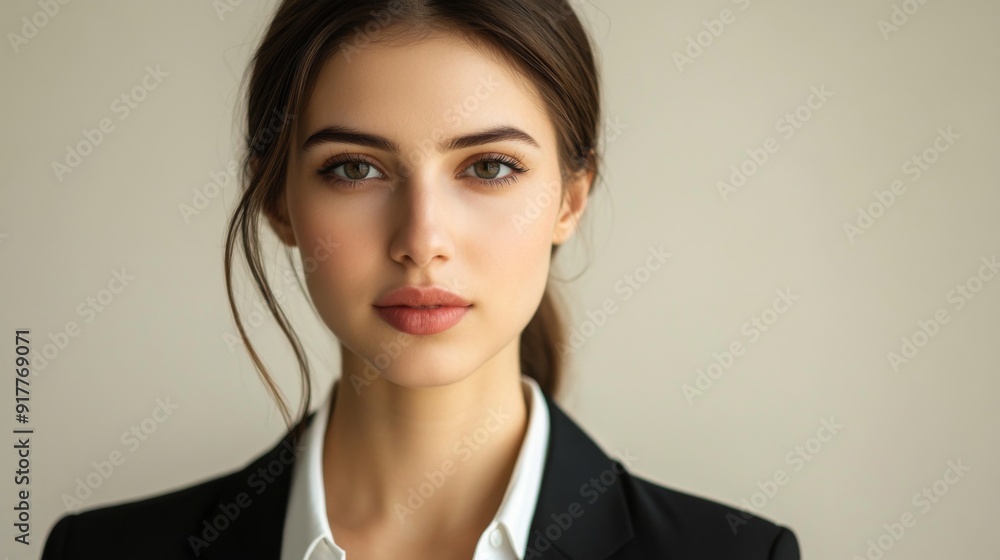 A close-up of a confident young businesswoman with a focused expression, wearing professional attire, with clear, sharp facial features against a neutral background. A close-up of a confident young businesswoman with a focused expression, wearing professional attire, with clear, sharp facial features against a neutral background.
