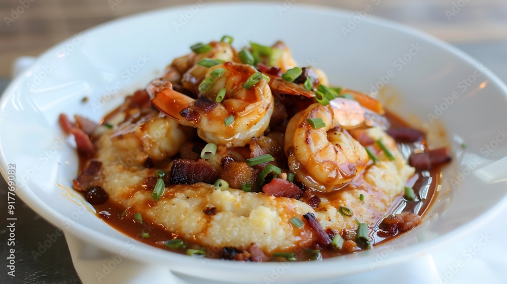 A delectable serving of shrimp and grits with succulent shrimp cooked in a rich spicy sauce over creamy cheesy grits garnished with scallions and bacon bits food photography Southern cuisine A delectable serving of shrimp and grits with succulent shrimp cooked in a rich spicy sauce over creamy cheesy grits garnished with scallions and bacon bits food photography Southern cuisine