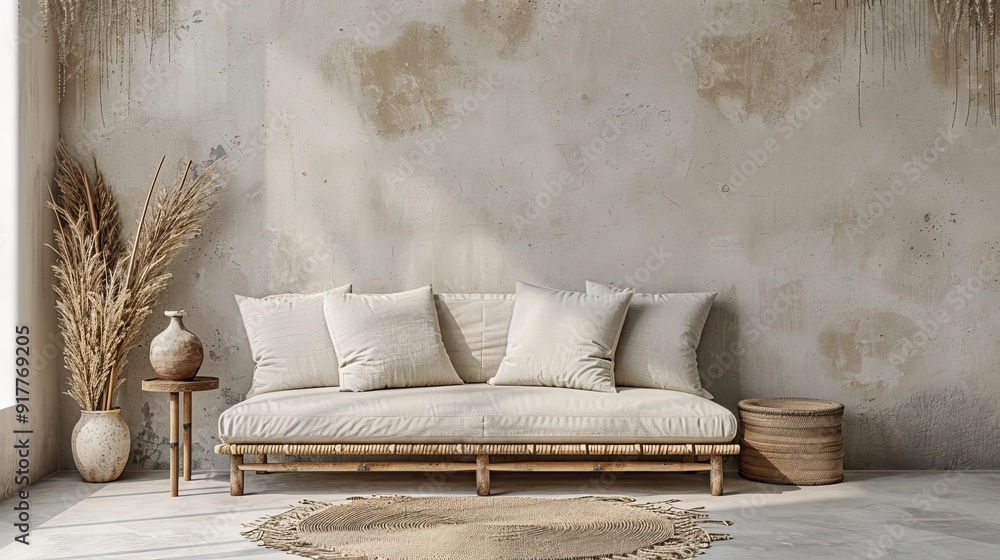 example of wabi-sabi style living room interior design, Sofa and pots with twigs on grunge plaster wall with copy space. Interior design beige sofa and pampas grass, home, 3d rendering example of wabi-sabi style living room interior design, Sofa and pots with twigs on grunge plaster wall with copy space. Interior design beige sofa and pampas grass, home, 3d rendering