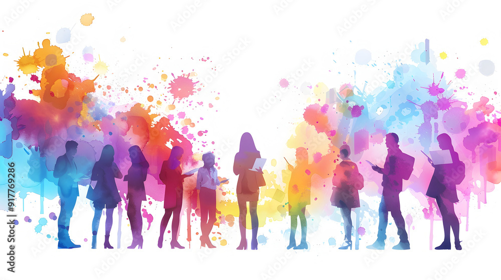 A group of people analyzing watercolor business growth charts with tablets against a dreamy background 3D Flat Icon. A group of people analyzing watercolor business growth charts with tablets against a dreamy background 3D Flat Icon.