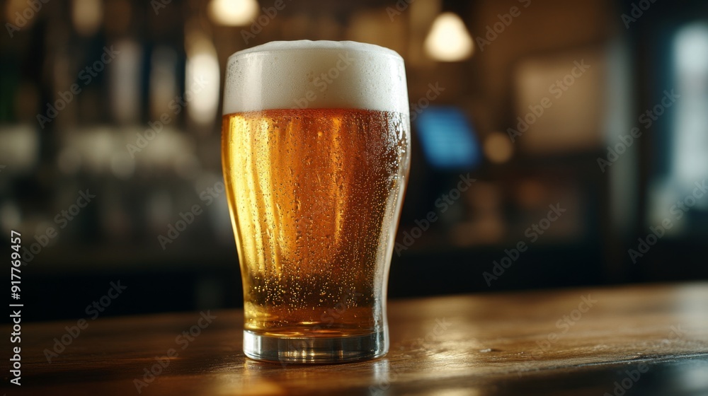 A close-up of a frothy pint of beer with a perfectly golden hue, set on a wooden bar counter with condensation on the glass, evoking a refreshing feel. A close-up of a frothy pint of beer with a perfectly golden hue, set on a wooden bar counter with condensation on the glass, evoking a refreshing feel.