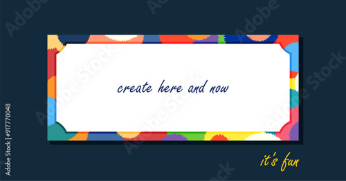 Simple holiday flyer template with frame made of multicolored colorful round spots. Festive card design. Vector hand drawn art.