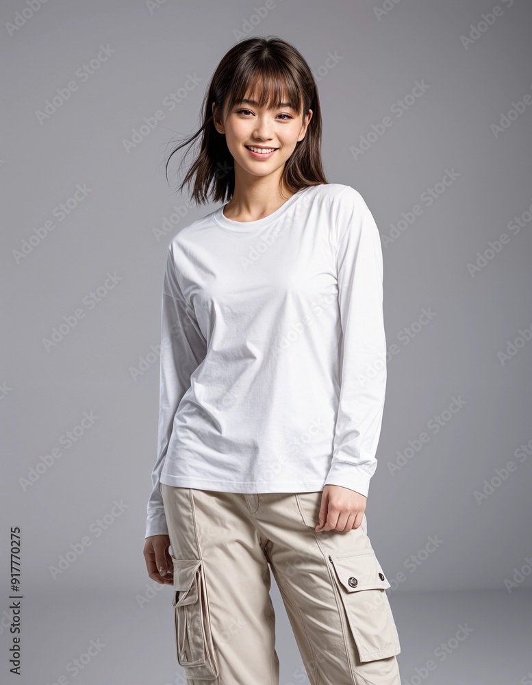 Asian Female Model in Casual White Long Sleeve Tshirt - Fashion Studio - Front View Asian Female Model in Casual White Long Sleeve Tshirt - Fashion Studio - Front View