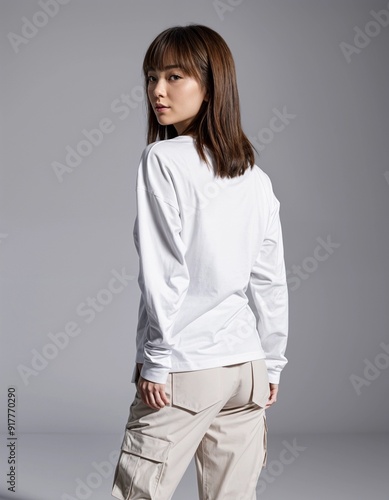 Clean and Modern Studio Portrait of Asian Female in White Long Sleeve T-shirt - Back View photo