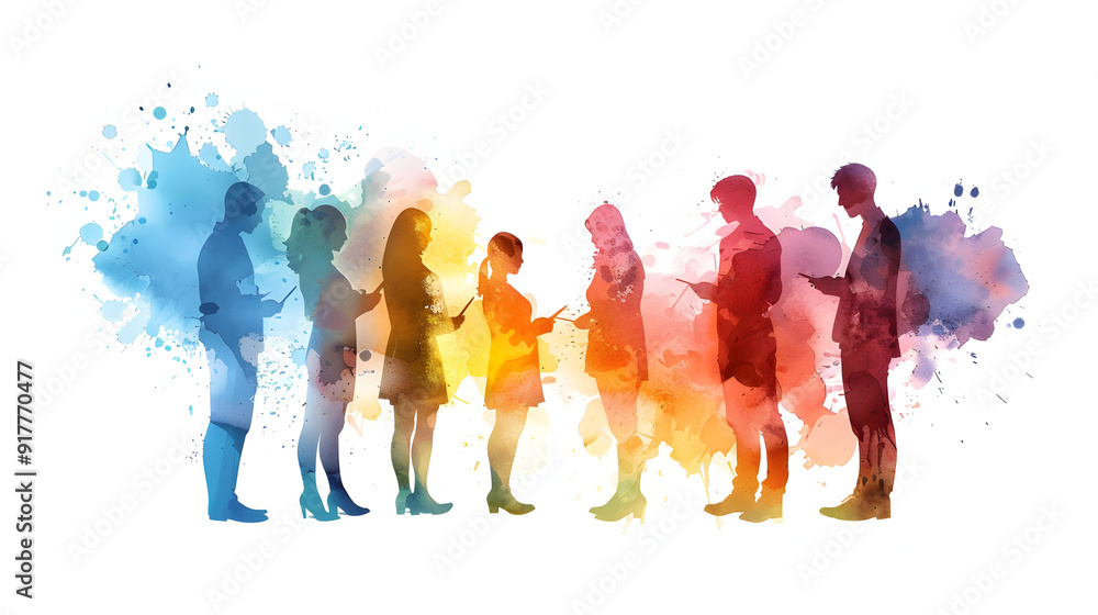 Fototapeta premium A group of people discussing watercolor business solutions with laptops 3D Flat icon concept