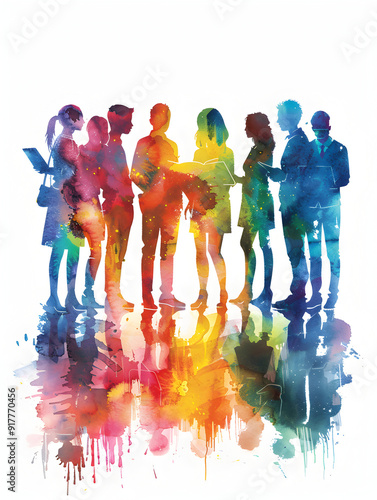 Wallpaper Mural A group of people discussing watercolor business solutions with laptops on a whimsical background   blending creativity and technology in problem solving Torontodigital.ca