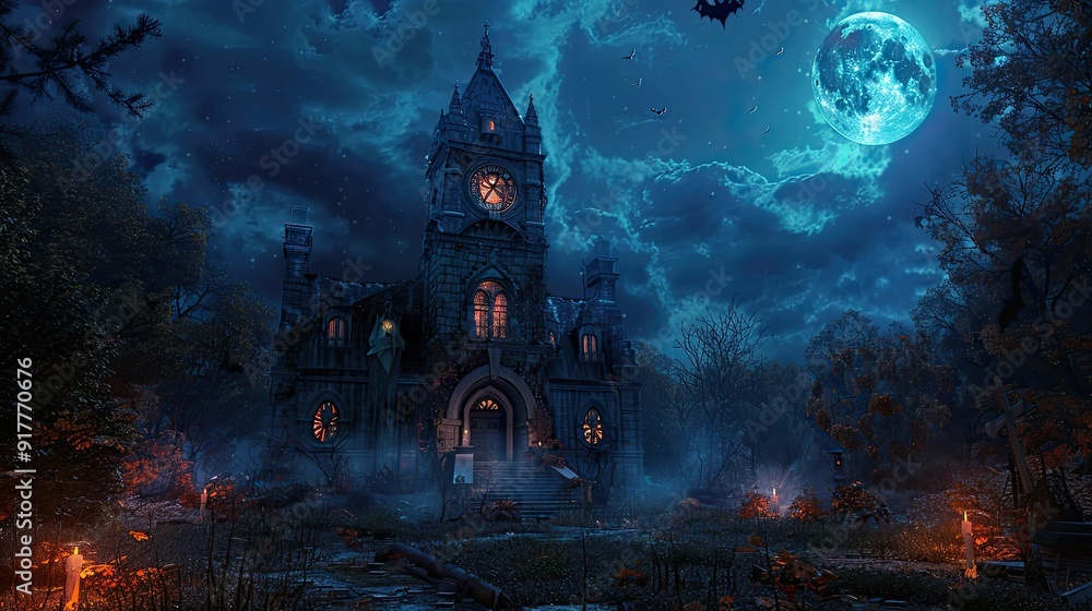 A spooky Halloween clocktower with glowing windows and eerie shadows cast by the full moon A spooky Halloween clocktower with glowing windows and eerie shadows cast by the full moon