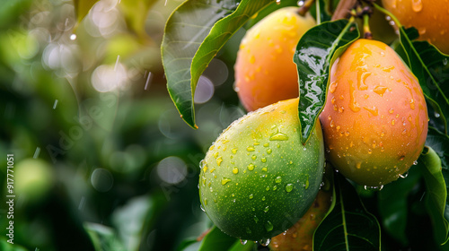Bunch of fresh ripe mangoes hanging on a tree in mango garden.
