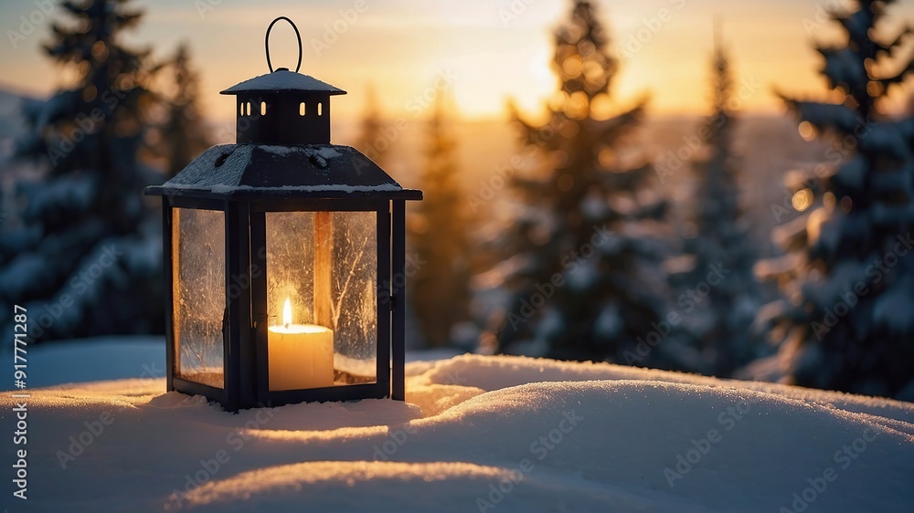 Christmas Lantern On Snow With Fir Branch in the Sunlight,Winter Decoration Background Christmas Lantern On Snow With Fir Branch in the Sunlight,Winter Decoration Background