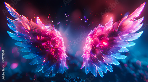 Neon angel wings with pink blue lights, abstract minimalist geometric background, UV spectrum, Cyberspace, futuristic wallpaper photo