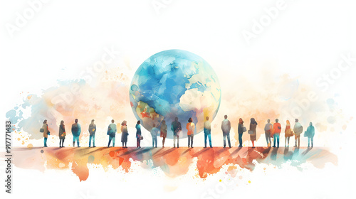 People with Watercolor Earth and Climate Change Charts 3D Flat Icon for Creativity, Innovation, Environmental Awareness