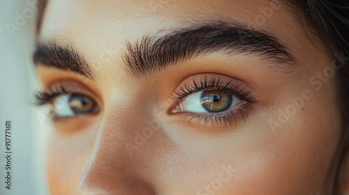 A close-up of a woman with thick, bushy eyebrows, highlighting her natural and unique appearance.
