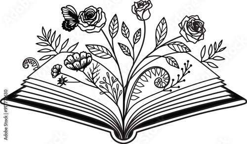 Flowers and butterfly on open book stacks with editable strokes. Vector illustration.