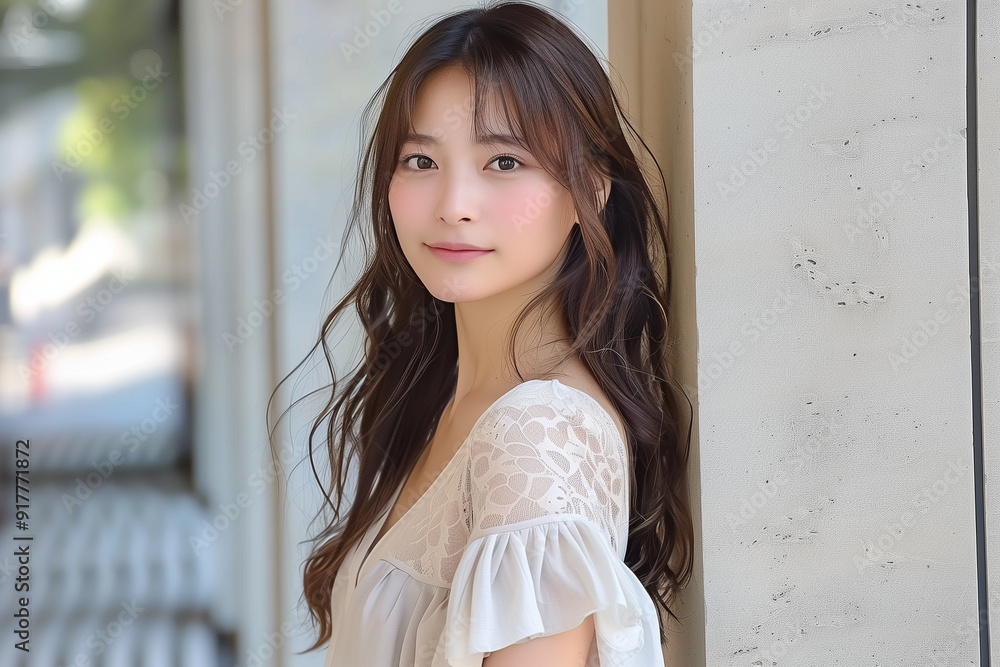 フリルついたブラウスを着ている大学生