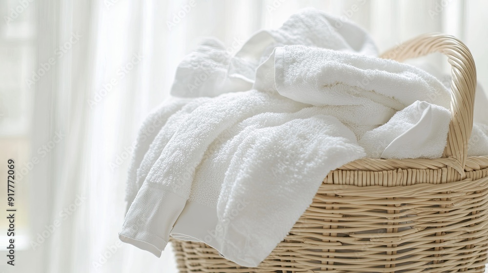 Obraz premium A close-up of an overflowing laundry basket filled with white towels and linens, set against a bright, clean background.