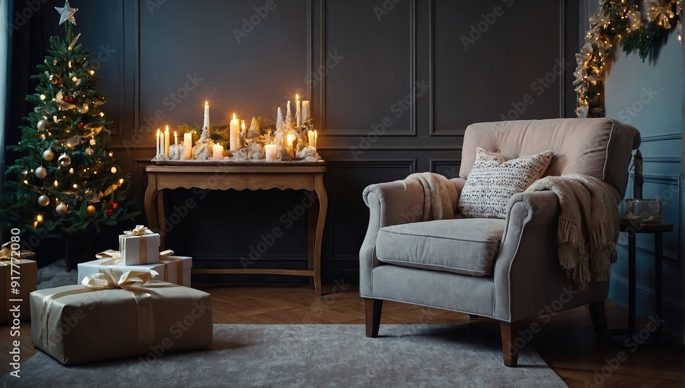Christmas light interior with a soft armchair or sofa decorated with garland. Comfort home. Christmas tree Christmas light interior with a soft armchair or sofa decorated with garland. Comfort home. Christmas tree