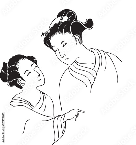 Japanese women in kimono, geisha. Hand drawn lines vector illustration. Old style of ukio-e  culture in Japan. Girls in kimono.