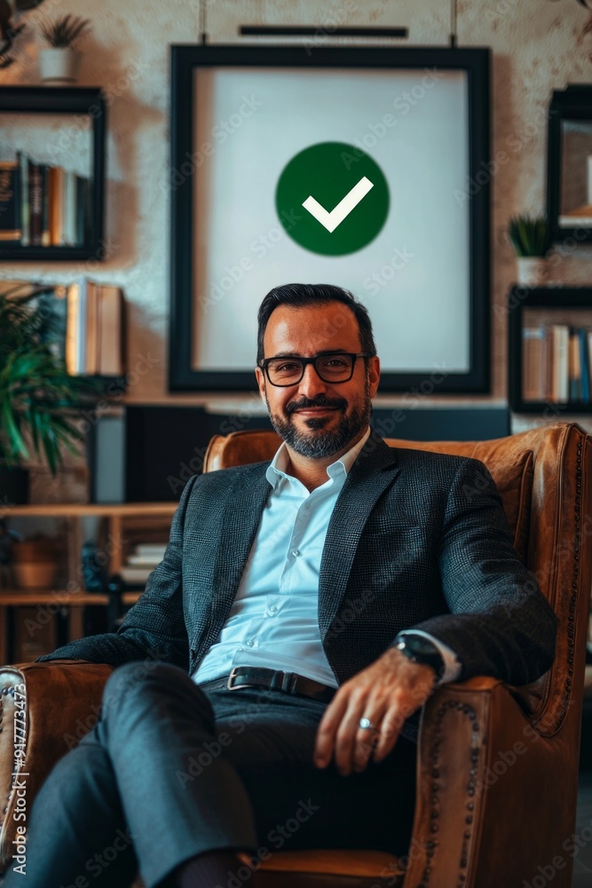 A CEO in a stylish office, proudly displaying a framed with a green tick icon on the wall behind him. A CEO in a stylish office, proudly displaying a framed with a green tick icon on the wall behind him.