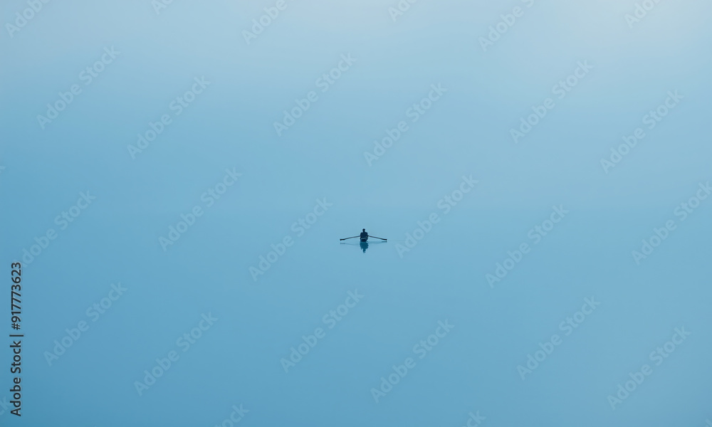 A lone figure rowing on a still, reflective lake in the heart of autumn, captured from the water surface view A lone figure rowing on a still, reflective lake in the heart of autumn, captured from the water surface view