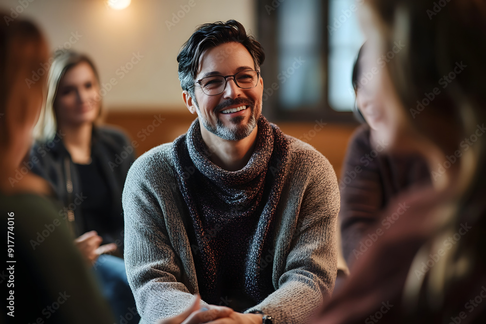 Professional therapist conducting a candid group session, showing genuine compassion and a comforting smile, emphasizing the importance of mental health and counseling, Professional therapist conducting a candid group session, showing genuine compassion and a comforting smile, emphasizing the importance of mental health and counseling,