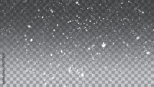 Abstract winter background vector from snowflakes blown by the wind. Shining snowflakes on transparent black background.