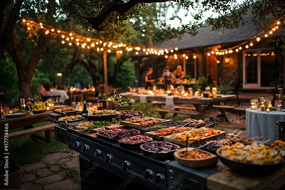 Naklejka premium Outdoor summer barbecue party with delicious grilled food and cozy ambiance.