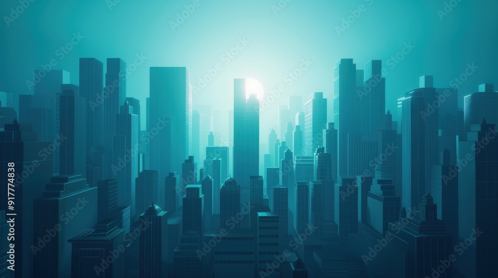 A futuristic city skyline bathed in blue light, showcasing towering skyscrapers and a tranquil atmosphere, perfect for urban themes. A futuristic city skyline bathed in blue light, showcasing towering skyscrapers and a tranquil atmosphere, perfect for urban themes.