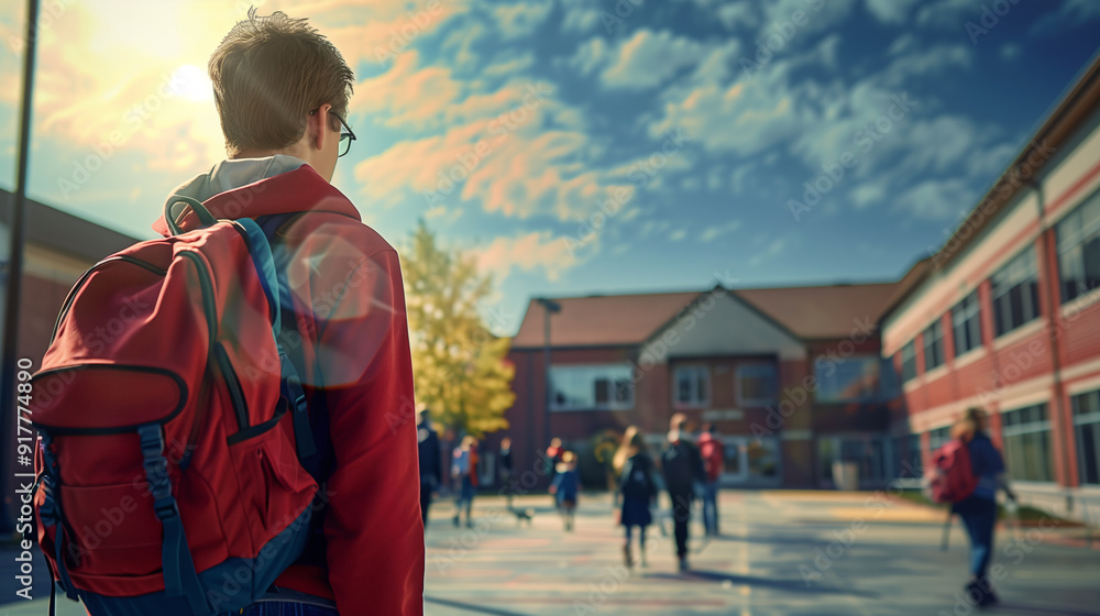 Student walking in schoolyard wearing red backpack with other students in the background Student walking in schoolyard wearing red backpack with other students in the background