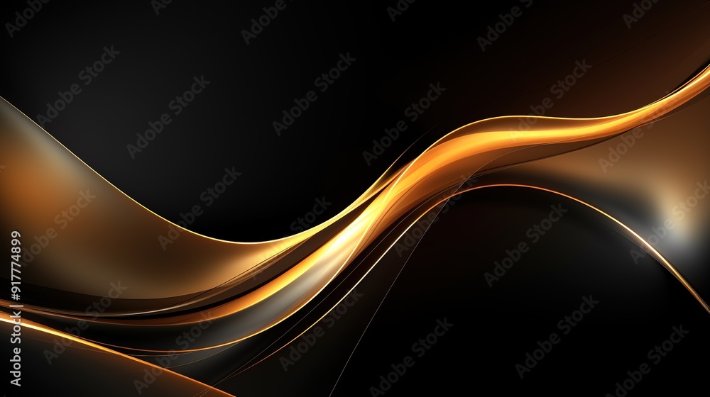 Abstract black background with glowing golden waves. Abstract black background with glowing golden waves.