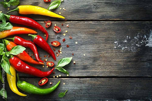 A variety of chili peppers in vibrant colors are displayed on a wooden table, showcasing their spicy ingredients photo