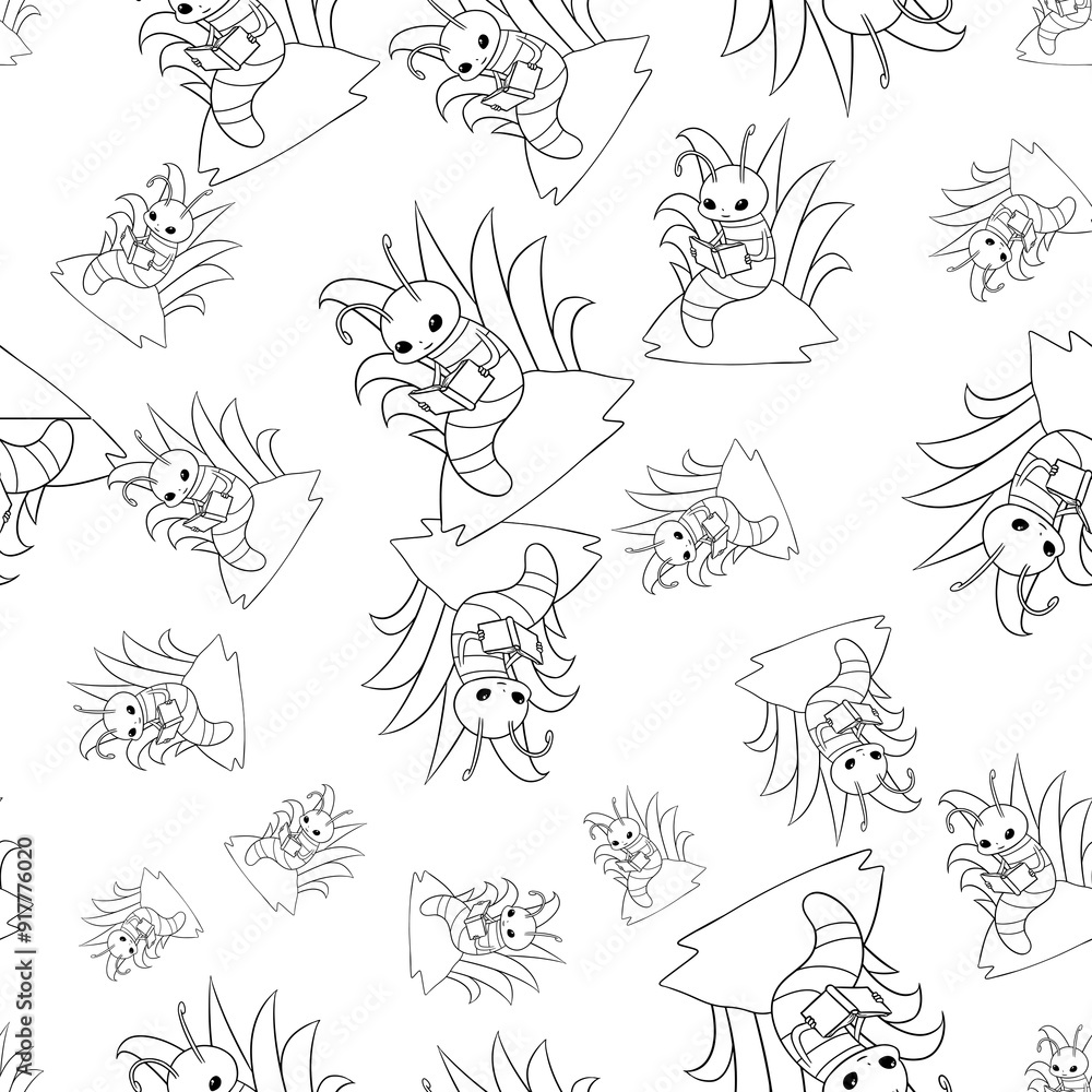 Obraz premium Cute Little Bookworm Inspired Repeat Pattern Design as Coloring Books