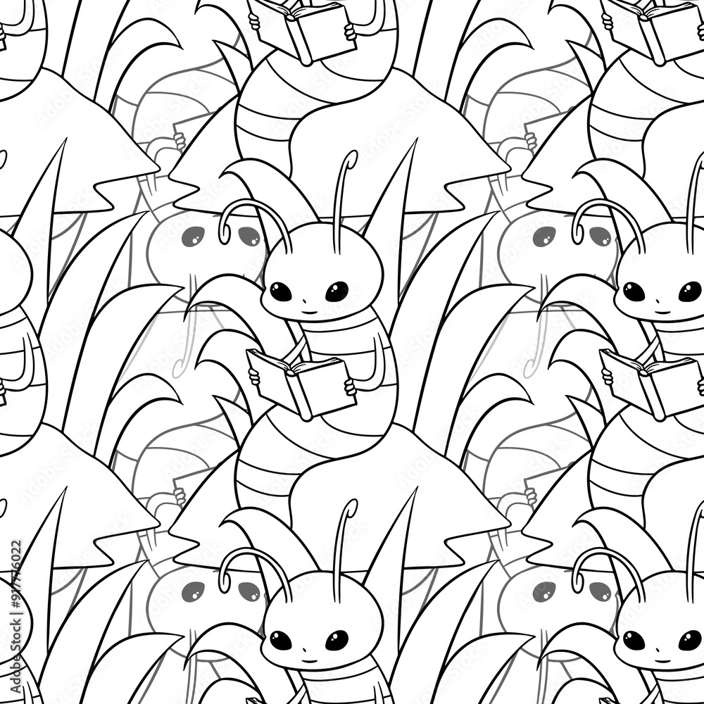 Fototapeta premium Cute Little Bookworm Inspired Repeat Pattern Design as Coloring Books