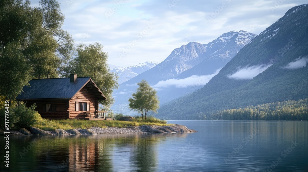 A cozy cabin by the lake, with a serene view of the water and mountains in the background. A cozy cabin by the lake, with a serene view of the water and mountains in the background.