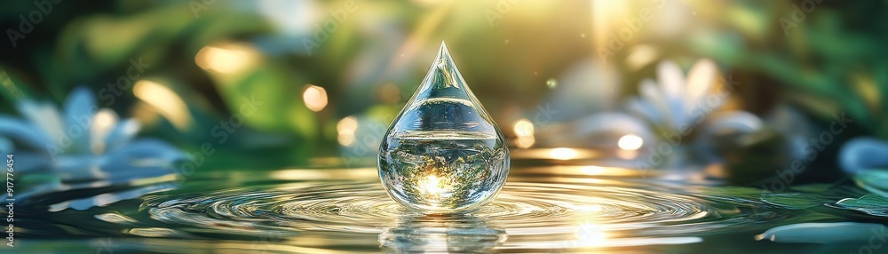 A crystal-clear water droplet on the surface, surrounded by lush greenery, capturing the essence of purity and tranquility. A crystal-clear water droplet on the surface, surrounded by lush greenery, capturing the essence of purity and tranquility.