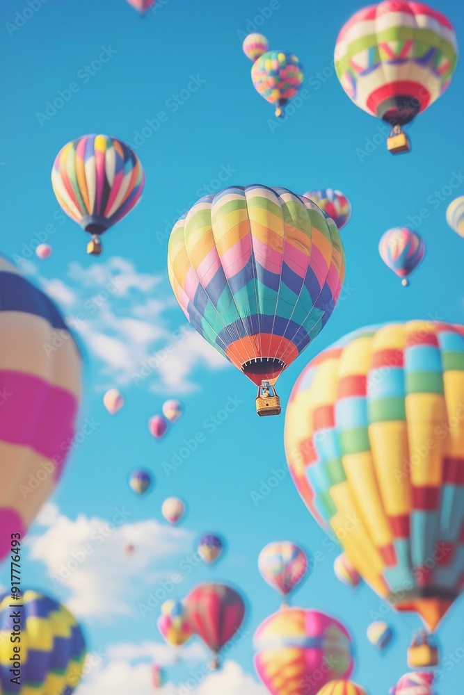 Obraz premium A colorful hot air balloon festival with miniature balloons floating in the sky, enhanced by the tilt-shift effect. 