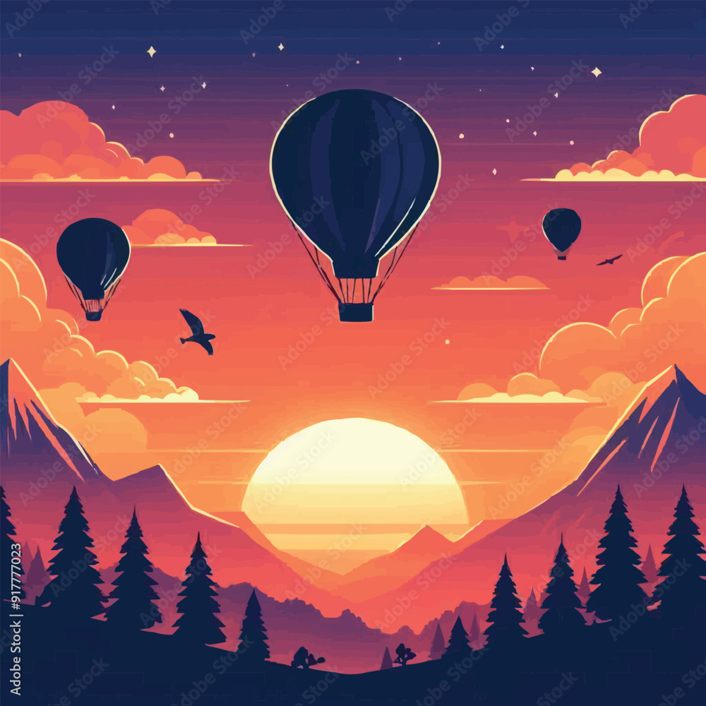 Fototapeta premium Free vector transportation hot air balloon silhouette. sunset palm tree and cloud